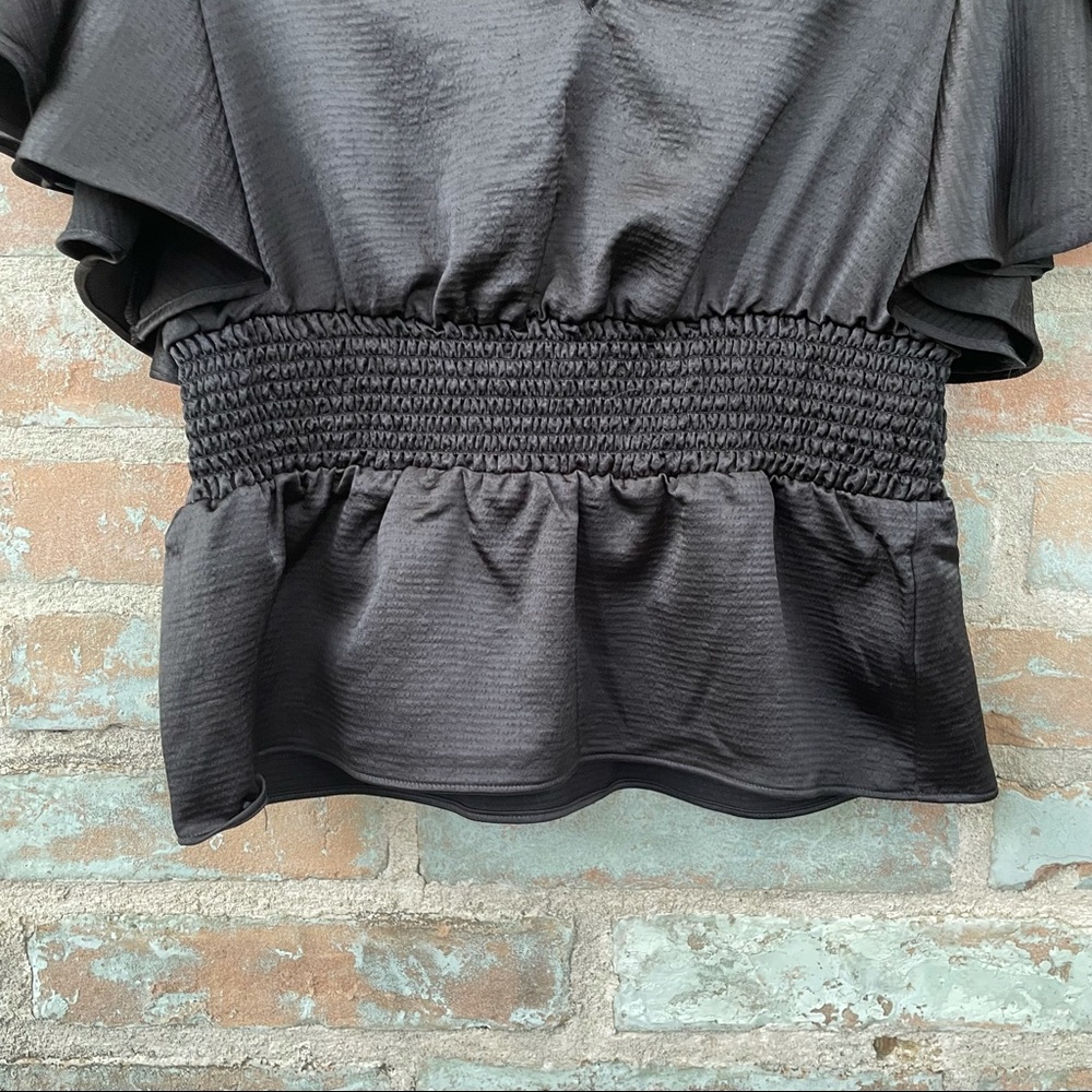 Express Satin Top Black Silky Flutter Smocked Butterfly Blouse Peplum Stretch - Picture 7 of 14